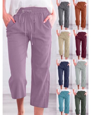 Women's Casual Summer Linen Pants High Waisted Loose Yoga Sweatpants Crop Pants with Pockets