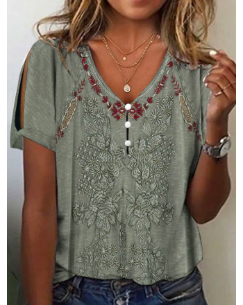 Ethnic Buttoned T-Shirt for Women Casual V Neck Western Style Tops