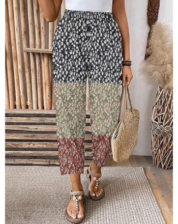 Pocket Stitching Casual Small Floral Pants