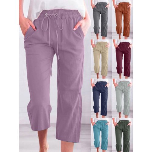 Women's Casual Summer Linen Pants High Waisted Loose Yoga Sweatpants Crop Pants with Pockets