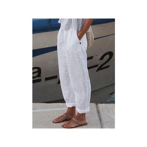 Casual Loose Plain Cotton Turnip Pants With Pockets For Women