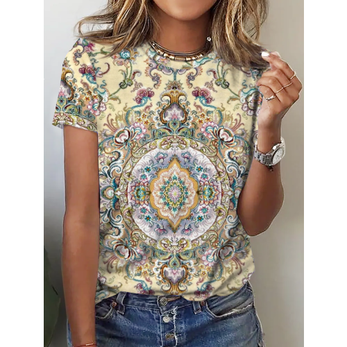 Women's Boho T-Shirt Crew Neck Ethnic Tops Multicolor Green Blue Pink