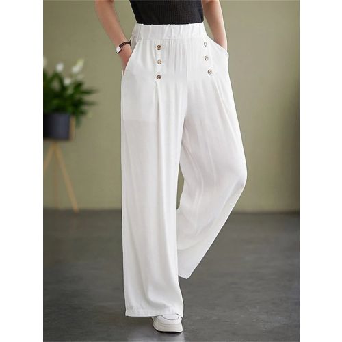 Plain Loose Casual High Waist Wide Leg Long Pants