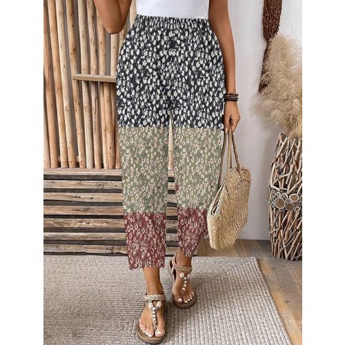 Pocket Stitching Casual Small Floral Pants